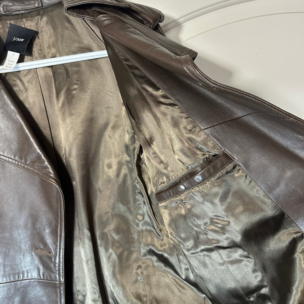 J.Crew Trench Coat Womens 6 Brown Leather Double Breasted Belted Long Jacket - Picture 5 of 7